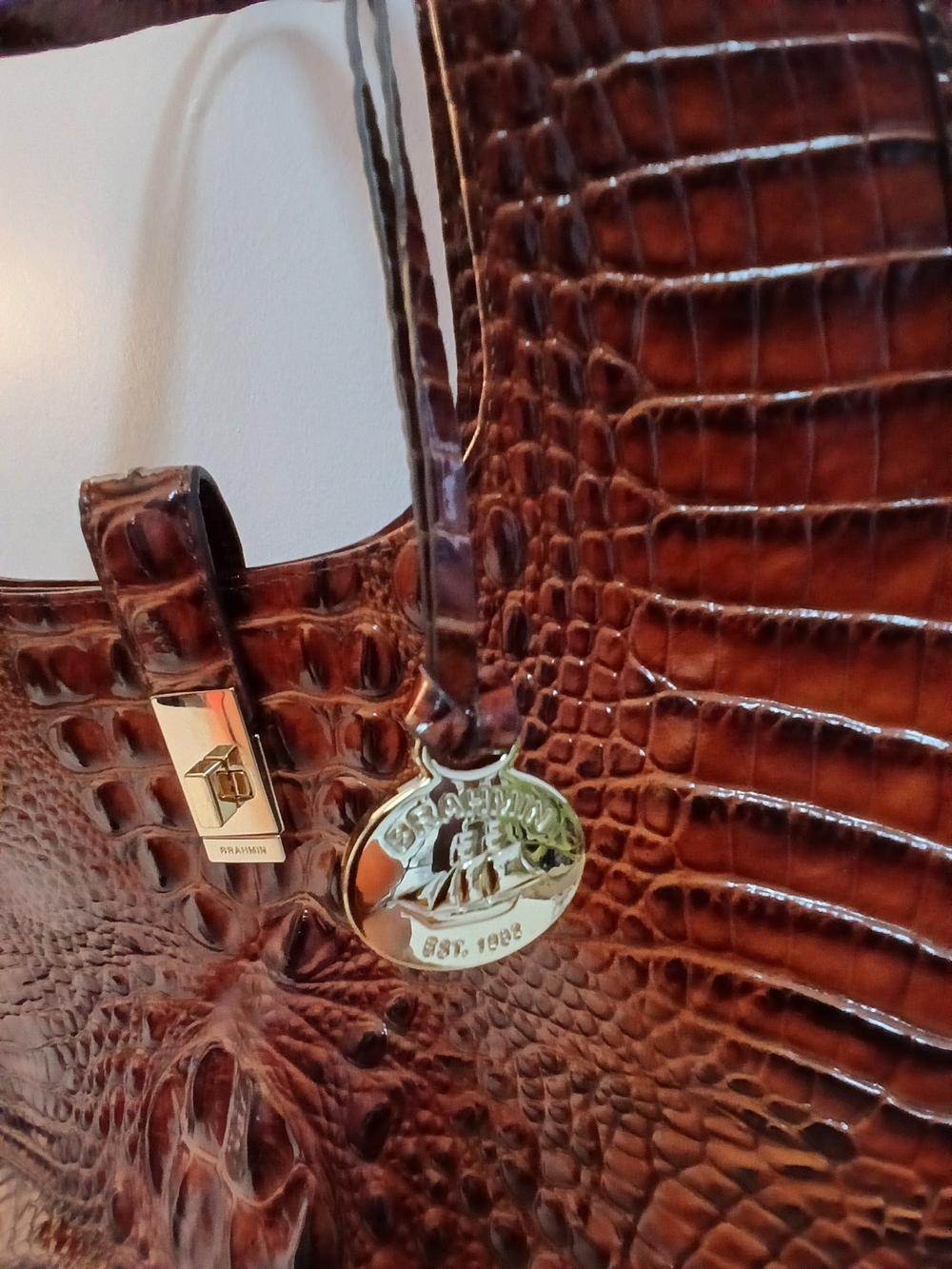 BRAHMIN Leather Large Tote "ASHER" Croc Embossed LEATHER in PECAN BROWN - Picture 4 of 10